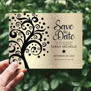 Bat Mitzvah Save Date Black Tree of Life Gold Foil Invitation Postcard