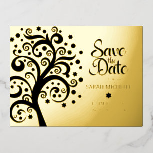 Bat Mitzvah Save Date Black Tree of Life Gold Foil Invitation Postcard