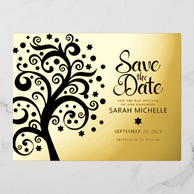 Bat Mitzvah Save Date Black Tree of Life Gold  Foil Invitation Postcard (Front)