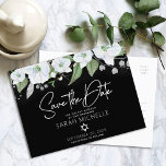Bat Mitzvah Save Date Floral Black Silver Script Invitation Postcard<br><div class="desc">Make sure all your friends and relatives will be able to celebrate your daughter’s milestone Bat Mitzvah! Send out this chic, personalized “Save the Date” announcement postcard. A chic, stunning, white and faux silver glitter floral watercolor, faux silver foil calligraphy script typography and white sans serif type overlay a dramatic...</div>