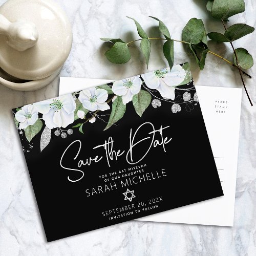 Bat Mitzvah Save Date Floral Black Silver Script Invitation Postcard