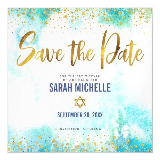 Bat Mitzvah Save Date Gold Turquoise Watercolor Magnetic Invitation ...