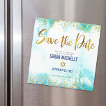 Bat Mitzvah Save Date Gold Turquoise Watercolor Magnetic Invitation<br><div class="desc">Make sure all your friends and relatives will be able to celebrate your daughter’s milestone Bat Mitzvah! Send out this stunning, modern, sparkly gold faux foil and glitter dots and typography script against a turquoise blue watercolor background, personalized “Save the Date” magnetic announcement card. Personalize the custom text with your...</div>