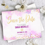 Bat Mitzvah Save Date Pink Watercolor Real Gold Foil Invitation Postcard<br><div class="desc">Make sure all your friends and relatives will be able to celebrate your daughter’s milestone Bat Mitzvah! Send out this stunning, modern, sparkly real gold foil, glitter dots and handwritten script against a soft pink watercolor background, personalized “Save the Date” announcement postcard. Personalize the custom text with your Bat Mitzvah’s...</div>