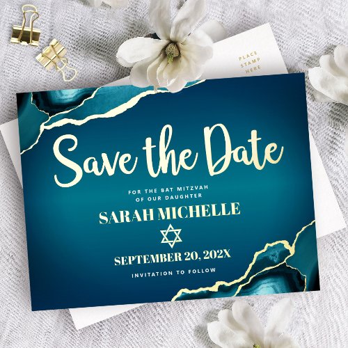 Bat Mitzvah Save Date Teal Ombre Agate Real Gold Foil Invitation Postcard