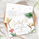 Bat Mitzvah Save Date Tropical Floral Gold Script Invitation Postcard<br><div class="desc">Make sure all your friends and relatives will be able to celebrate your daughter’s milestone Bat Mitzvah! Send out this chic, personalized “Save the Date” announcement postcard. Stylish, stunning, colorful, tropical watercolor birds of paradise flowers, faux gold handwritten script, Star of David and glitter dots, along with green and gray...</div>