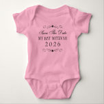 Bat Mitzvah Save the Date Baby Baby Bodysuit<br><div class="desc">Your daughter is still so little but no harm telling everyone that they should "Save the Date" for her Bat Mitzvah in the future. This fun shirt features a text design surrounded by curly ornaments accented with Stars of David. A tongue-in-cheek shirt for your favorite "Shayna Maidel". Avaialble in alternate...</div>