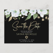 Bat Mitzvah Save the Date Black Gold Script Floral Invitation Postcard (Front)