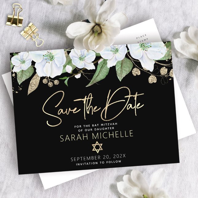 Bat Mitzvah Save the Date Black Gold Script Floral Invitation Postcard