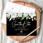 Bat Mitzvah Save the Date Floral Black Real Gold  Foil Invitation Postcard<br><div class="desc">Make sure all your friends and relatives will be able to celebrate your daughter’s milestone Bat Mitzvah! Send out this chic, personalized “Save the Date” announcement postcard. A chic, stunning, white and real gold foil floral watercolor, real gold foil handwritten script and white sans serif typography overlay a dramatic black...</div>
