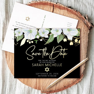 Bat Mitzvah Save the Date Floral Black Real Gold  Foil Invitation Postcard