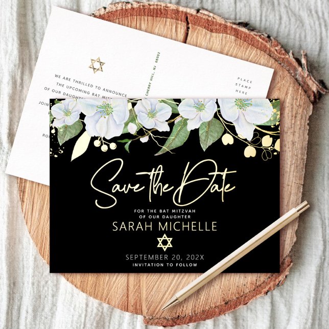 Bat Mitzvah Save the Date Floral Black Real Gold  Foil Invitation Postcard (Creator Uploaded)