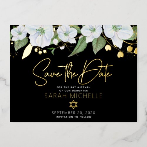 Bat Mitzvah Save the Date Floral Black Real Gold  Foil Invitation Postcard