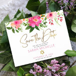 Bat Mitzvah Save the Date Floral Watercolor Script Invitation Postcard<br><div class="desc">Make sure all your friends and relatives will be able to celebrate your daughter’s milestone Bat Mitzvah! Send out this chic, personalized “Save the Date” announcement postcard. A stunning, pink and peach floral watercolor with faux gold foil script typography and modern dusty rose and gray sans serif type overlay a...</div>