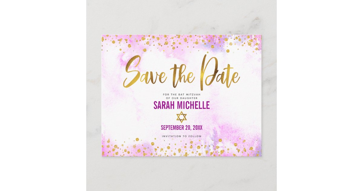 Bat Mitzvah Save the Date Gold on Pink Watercolor Invitation Postcard ...