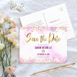 Bat Mitzvah Save the Date Gold on Pink Watercolor Invitation Postcard<br><div class="desc">Make sure all your friends and relatives will be able to celebrate your daughter’s milestone Bat Mitzvah! Send out this stunning, modern, sparkly gold faux foil and glitter dots and typography script against a soft pink watercolor background, personalized “Save the Date” announcement postcard. Personalize the custom text with your Bat...</div>