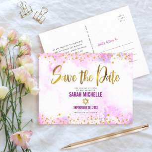 Bat Mitzvah Save the Date Gold on Pink Watercolor Invitation Postcard