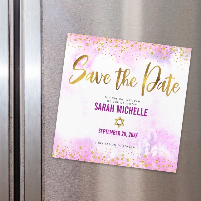 Bat Mitzvah Save the Date Gold on Pink Watercolor Magnetic Invitation