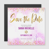 Bat Mitzvah Save the Date Gold on Pink Watercolor Magnetic Invitation (Front/Back)