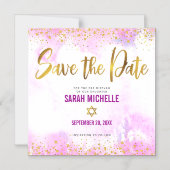Bat Mitzvah Save the Date Gold on Pink Watercolor Magnetic Invitation (Front)