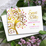 Bat Mitzvah Save the Date Gold & Pink Tree of Life Invitation Postcard<br><div class="desc">Make sure all your friends and relatives will be able to celebrate your daughter’s milestone Bat Mitzvah! Send out this stunning, graphic faux gold foil tree with sparkly pink, orange, and red Star of David and dot “leaves” on a white background, personalized “Save the Date” announcement postcard. Personalize the custom...</div>