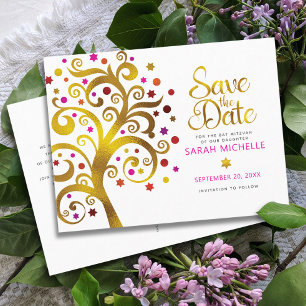 Bat Mitzvah Save the Date Gold & Pink Tree of Life Invitation Postcard