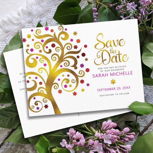 Bat Mitzvah Save the Date Gold  Pink Tree of Life Invitation Postcard