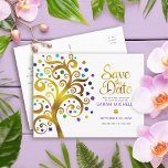 Bat Mitzvah Save the Date Gold Purple Tree of Life Invitation Postcard<br><div class="desc">Make sure all your friends and relatives will be able to celebrate your daughter’s milestone Bat Mitzvah! Send out this stunning, graphic faux gold foil tree with sparkly turquoise, teal, purple and blue Star of David and dot “leaves” on a white background, personalized “Save the Date” announcement postcard. Personalize the...</div>
