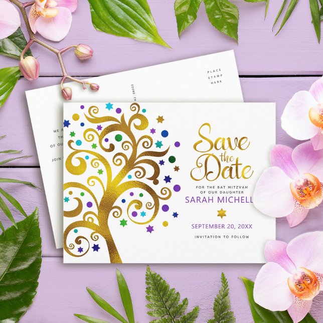 Bat Mitzvah Save the Date Gold Purple Tree of Life Invitation Postcard (Creator Uploaded)