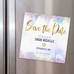 Bat Mitzvah Save the Date Gold Purple Watercolor<br><div class="desc">Make sure all your friends and relatives will be able to celebrate your daughter’s milestone Bat Mitzvah! Send out this stunning, modern, sparkly gold faux foil and glitter dots and typography script against a soft purple watercolor background, personalized “Save the Date” magnetic announcement card. Personalize the custom text with your...</div>