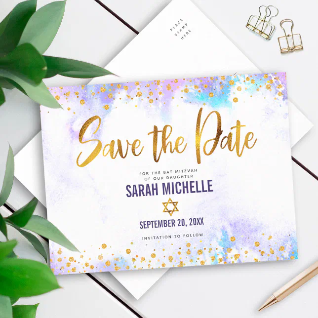 Bat Mitzvah Save the Date Gold Purple Watercolor Invitation Postcard ...