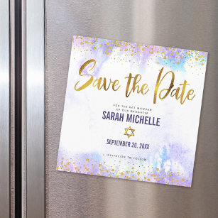Bat Mitzvah Save the Date Gold Purple Watercolor Magnetic Invitation