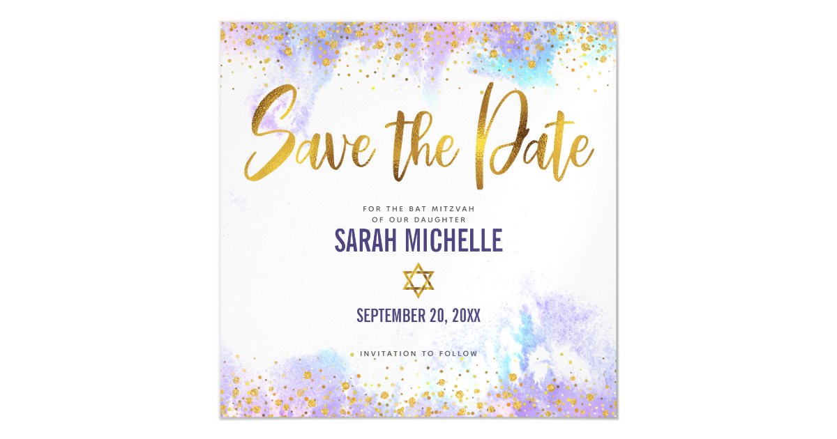 Bat Mitzvah Save the Date Gold Purple Watercolor Magnetic Invitation ...