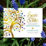 Bat Mitzvah Save the Date Gold & Teal Tree of Life Invitation Postcard<br><div class="desc">Make sure all your friends and relatives will be able to celebrate your daughter’s milestone Bat Mitzvah! Send out this stunning, graphic faux gold foil tree with sparkly turquoise, teal, purple and blue Star of David and dot “leaves” on a white background, personalized “Save the Date” announcement postcard. Personalize the...</div>