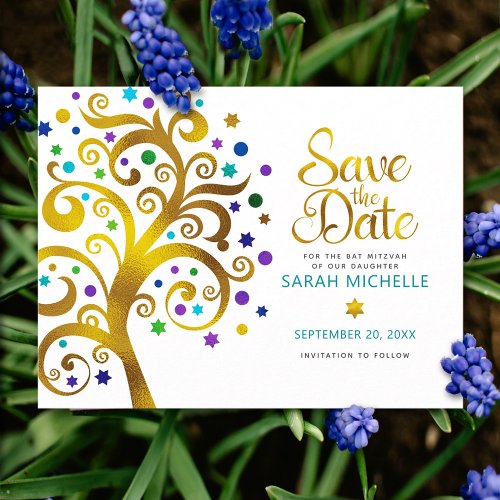 Bat Mitzvah Save the Date Gold  Teal Tree of Life Invitation Postcard