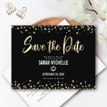 Bat Mitzvah Save the Date Modern Black Gold Script Invitation Postcard<br><div class="desc">Make sure all your friends and relatives will be able to celebrate your daughter’s milestone Bat Mitzvah! Send out this stunning, modern, “Save the Date” announcement postcard. Graphic faux gold foil calligraphy script, Star of David, and confetti, overlay a rich, dramatic, black background. Personalize the custom text with your Bat...</div>