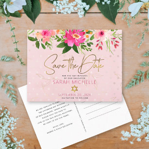 Bat Mitzvah Save the Date Pink Floral Watercolor Invitation Postcard