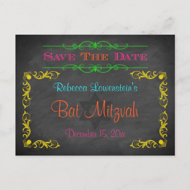 Bat Mitzvah Save The Date Postcard - Chalkboard (Front)