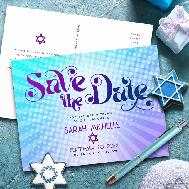 Bat Mitzvah Save the Date Retro Blue Purple Ombre Invitation Postcard ...