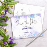 Bat Mitzvah Save the Date Silver Purple Watercolor Invitation Postcard<br><div class="desc">Make sure all your friends and relatives will be able to celebrate your daughter’s milestone Bat Mitzvah! Send out this stunning, modern, sparkly silver faux foil and glitter dots and handwritten script against a soft purple watercolor background, personalized “Save the Date” announcement postcard. Personalize the custom text with your Bat...</div>