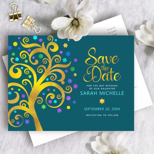 Bat Mitzvah Save the Date Teal Gold Tree of Life Invitation Postcard