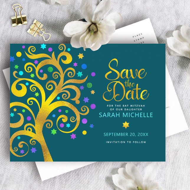Bat Mitzvah Save the Date Teal Gold Tree of Life Invitation Postcard (Creator Uploaded)