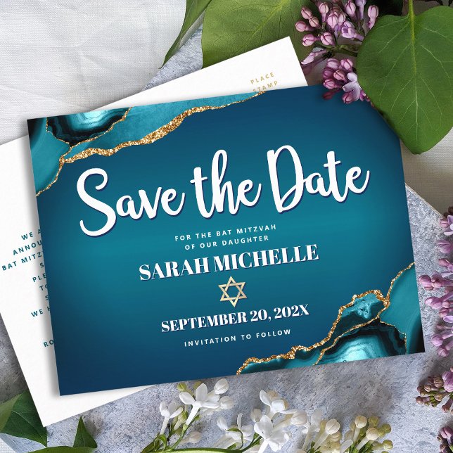 Bat Mitzvah Save the Date Teal Ombre Agate Script Invitation Postcard (Creator Uploaded)