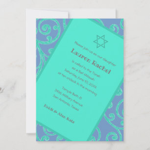 Bat Mitzvah Scroll Pattern Aqua Invitation