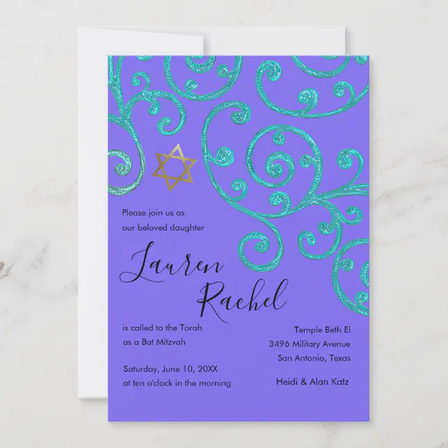 Bat Mitzvah Scroll Pattern Aqua Invitation | Zazzle