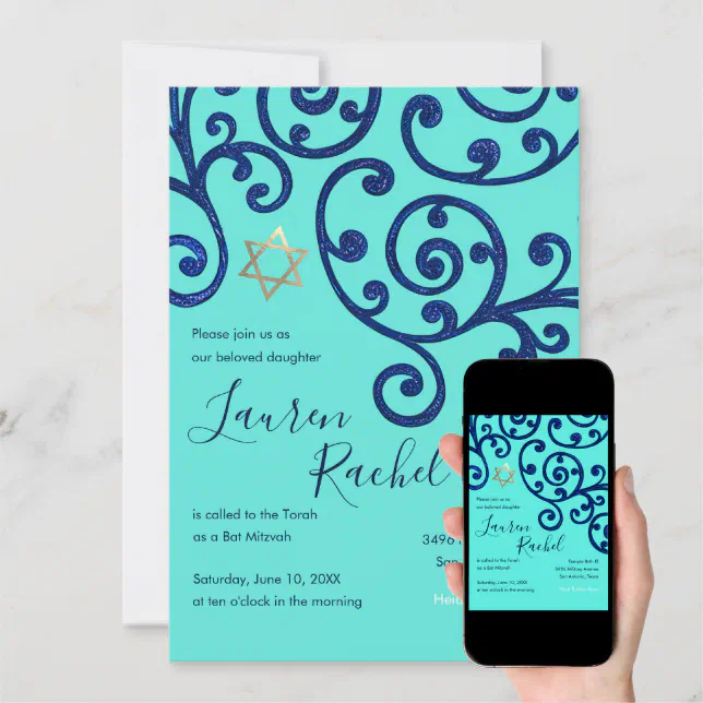 Bat Mitzvah Scroll Pattern Blue Invitation Zazzle Bat Mitzvah Scroll Pattern Blue Invitation Zazzle