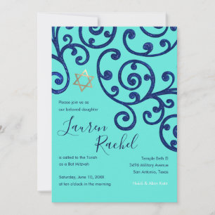 Bat Mitzvah Scroll Pattern Blue Invitation