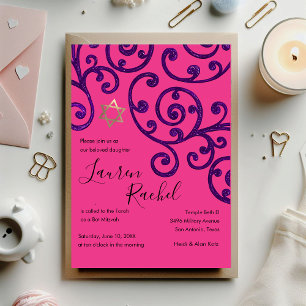 Bat Mitzvah Scroll Pattern Purple Invitation