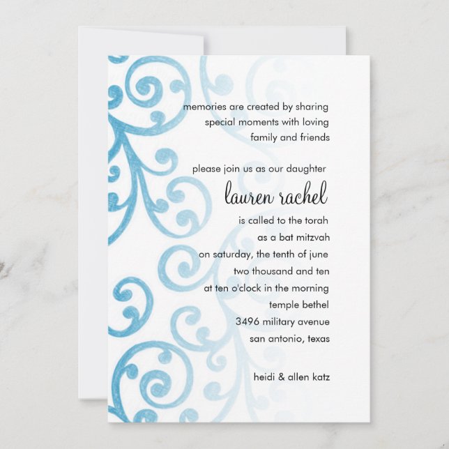 Bat Mitzvah Scroll Pattern Turquoise Invitation (Front)