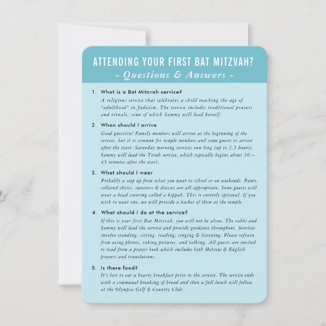 BAT MITZVAH service question and answer advice Invitation (Front)